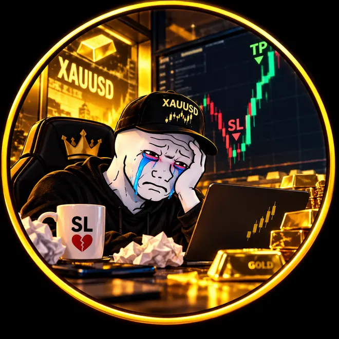 XAUUSD Victim meme character crying at a desk after a stop-loss hit while gold rockets toward take-profit